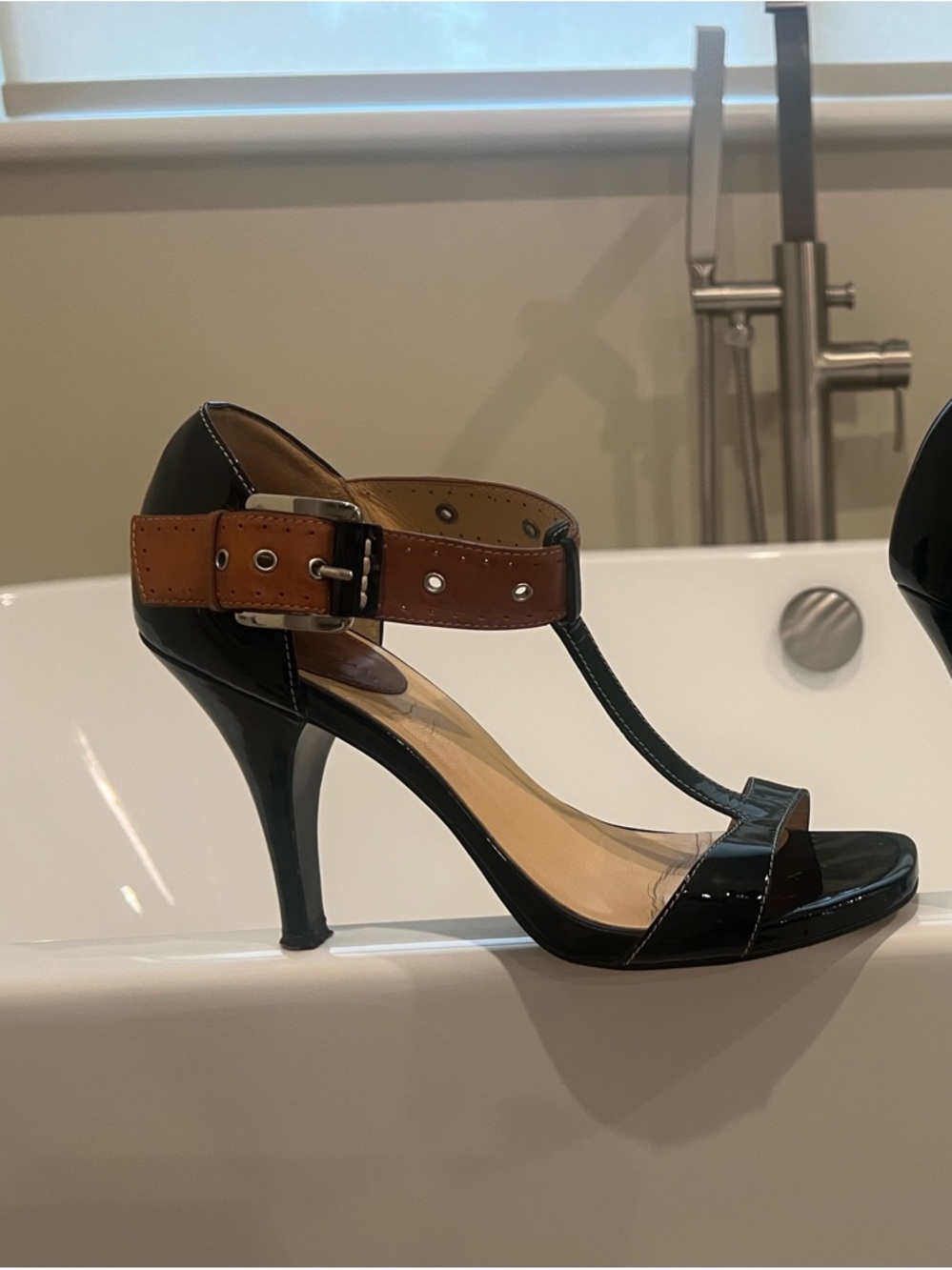 Cole Haan Black Patent T-Strap Heel with Brown Ankle Buckle